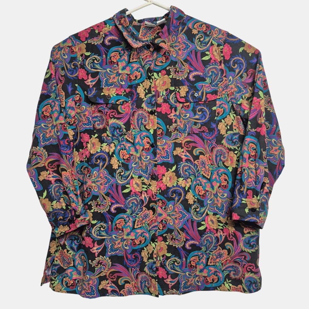 Vintage Roamans Womens X Paisley‎ Print Button Front Long Sleeve Collared